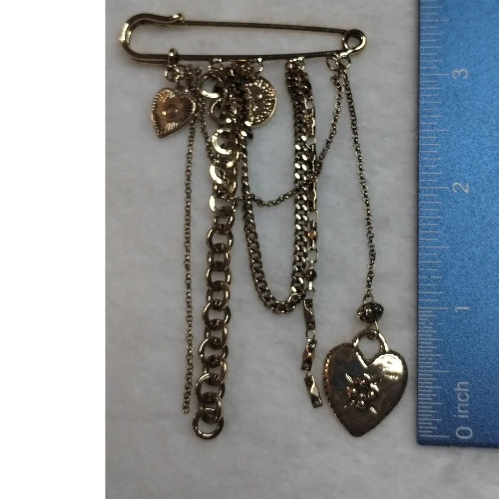 Gold Tone Safety Pin Brooch with Heart Coin‎ Charms and Multi-Chain Dangles